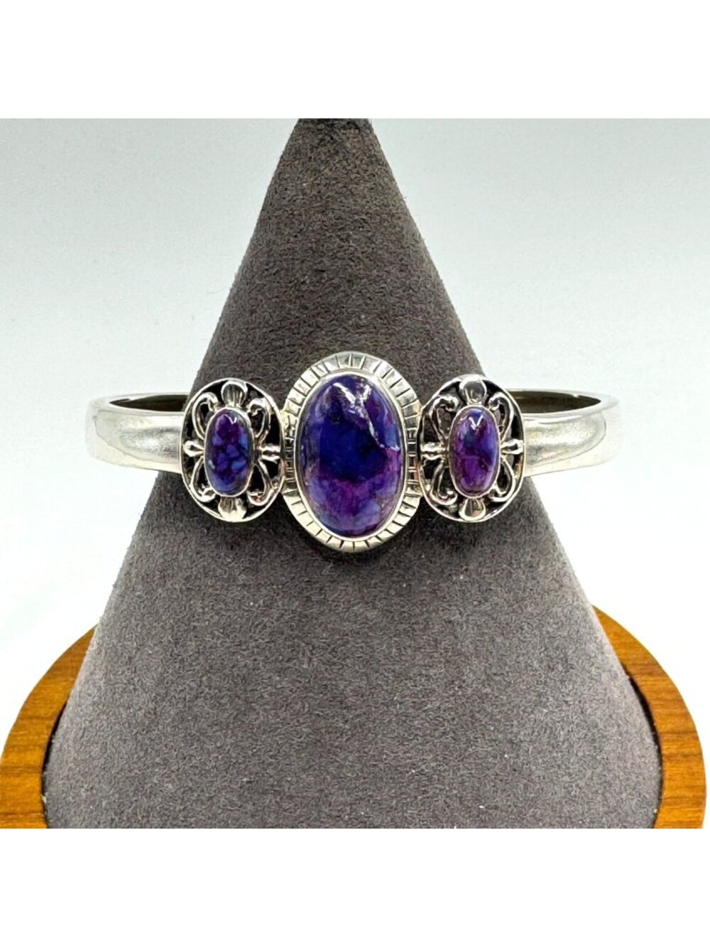 Purple Charoite & Sterling Silver 925 Gemstone Cuff Bracelet Size 7.5" Fit